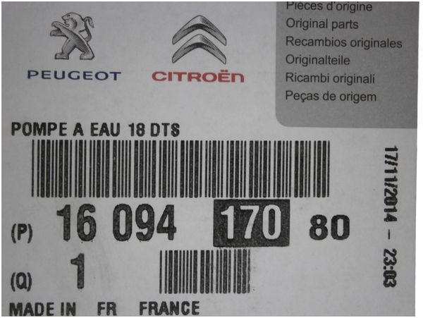 Pompe à Eau Citroen Peugeot 1.4 18 Dents 1609417080 d'Origine