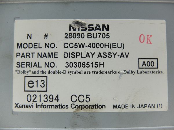 Affichage Navigation  Nissan Almera 28090BU705 CC5W-400H